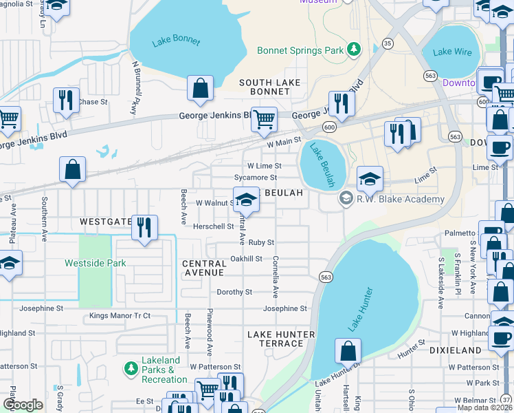 map of restaurants, bars, coffee shops, grocery stores, and more near 1111 West Hickory Street in Lakeland