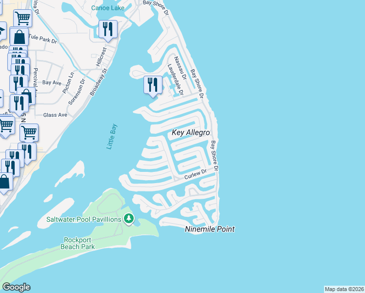 map of restaurants, bars, coffee shops, grocery stores, and more near 24 Luau Lane in Rockport