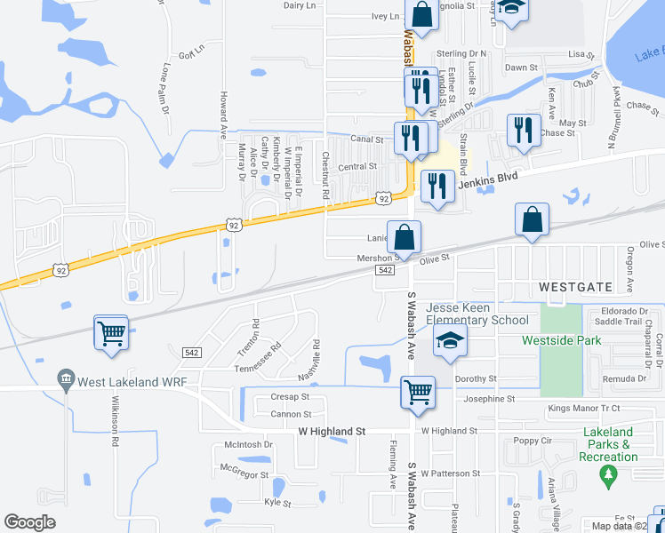 map of restaurants, bars, coffee shops, grocery stores, and more near 2300 Mershon Street in Lakeland