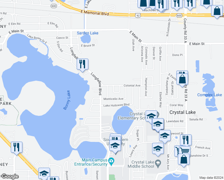 map of restaurants, bars, coffee shops, grocery stores, and more near 515 Norfolk Circle in Lakeland