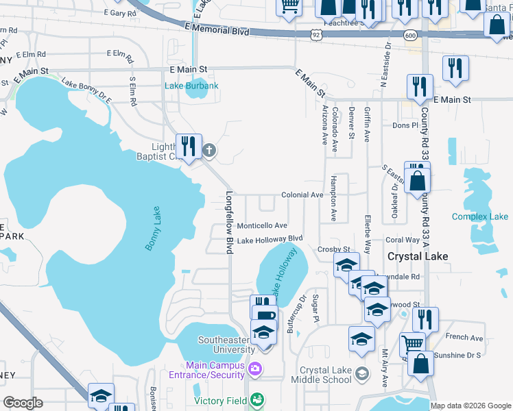 map of restaurants, bars, coffee shops, grocery stores, and more near 533 Norfolk Circle in Lakeland