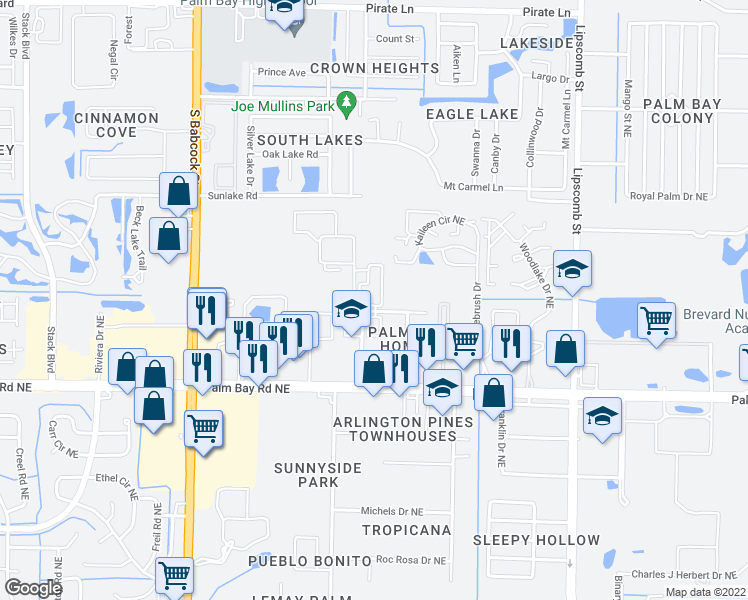 map of restaurants, bars, coffee shops, grocery stores, and more near 2812 Pinewood Drive Northeast in Palm Bay
