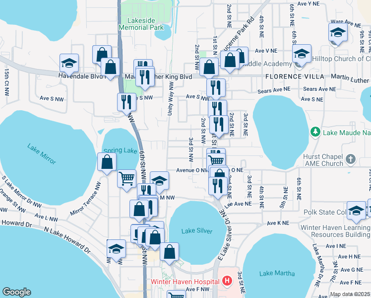 map of restaurants, bars, coffee shops, grocery stores, and more near 1605 3rd Street Northwest in Winter Haven