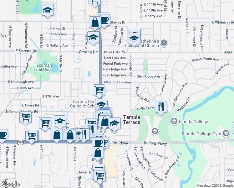 map of restaurants, bars, coffee shops, grocery stores, and more near 9807 North 56th Street in Temple Terrace