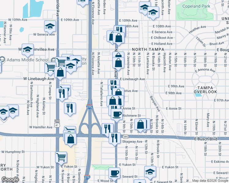 map of restaurants, bars, coffee shops, grocery stores, and more near 814 East Castle North Court in Tampa