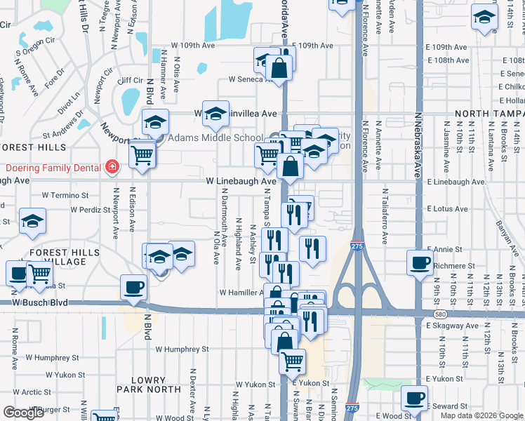 map of restaurants, bars, coffee shops, grocery stores, and more near 9511 North Ashley Street in Tampa