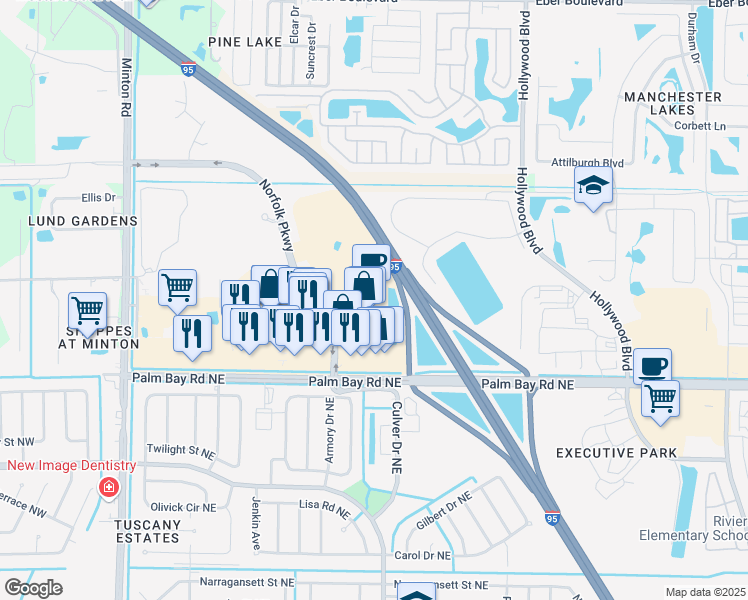 map of restaurants, bars, coffee shops, grocery stores, and more near 4305 Norfolk Parkway in Melbourne