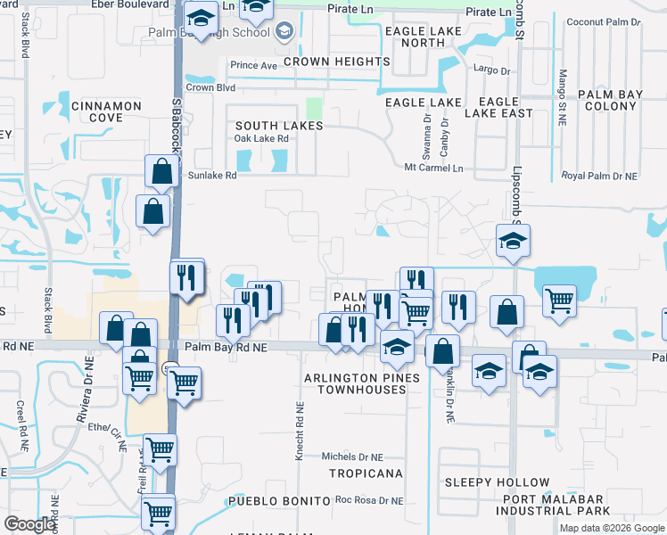 map of restaurants, bars, coffee shops, grocery stores, and more near 5321 Pinewood Drive Northeast in Palm Bay