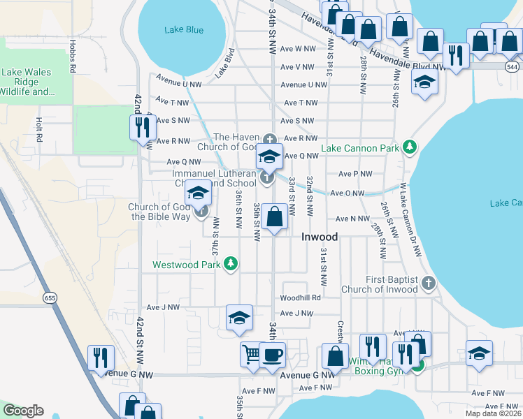 map of restaurants, bars, coffee shops, grocery stores, and more near 1333 34th Street Northwest in Winter Haven