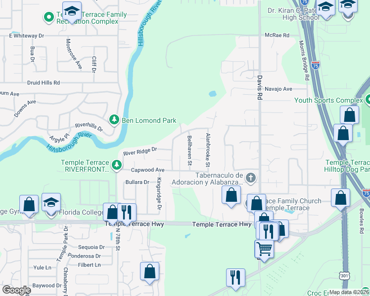 map of restaurants, bars, coffee shops, grocery stores, and more near 9416 Bellhaven Street in Tampa