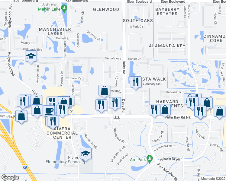 map of restaurants, bars, coffee shops, grocery stores, and more near 4801 Revenna Court in Melbourne