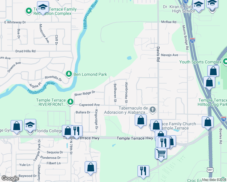 map of restaurants, bars, coffee shops, grocery stores, and more near 9416 Bellhaven Street in Tampa
