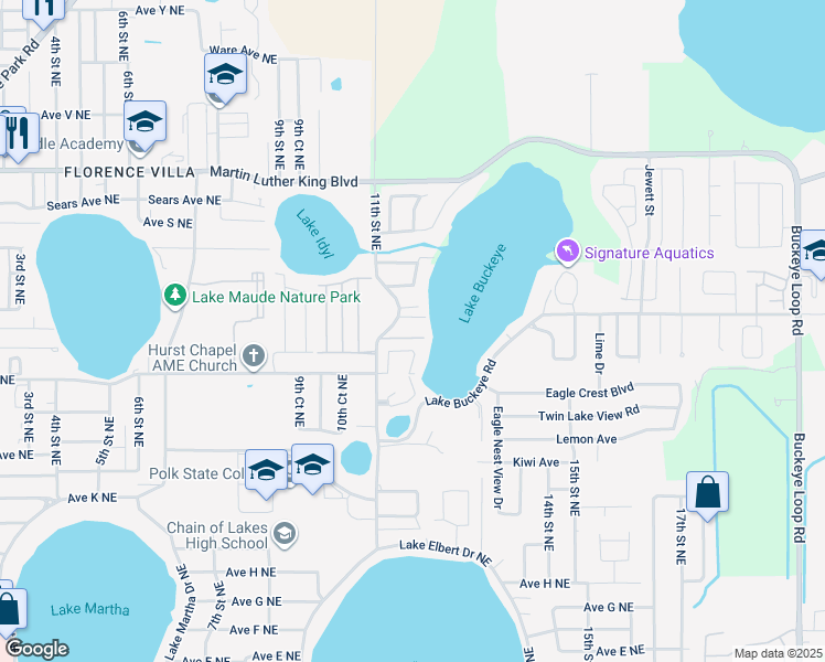 map of restaurants, bars, coffee shops, grocery stores, and more near 1550 11th Street Northeast in Winter Haven