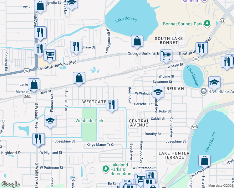 map of restaurants, bars, coffee shops, grocery stores, and more near 470 Oregon Avenue in Lakeland