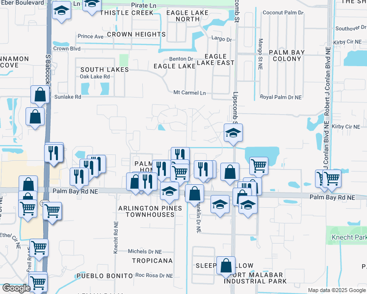 map of restaurants, bars, coffee shops, grocery stores, and more near 1640 Bottlebrush Drive in Palm Bay