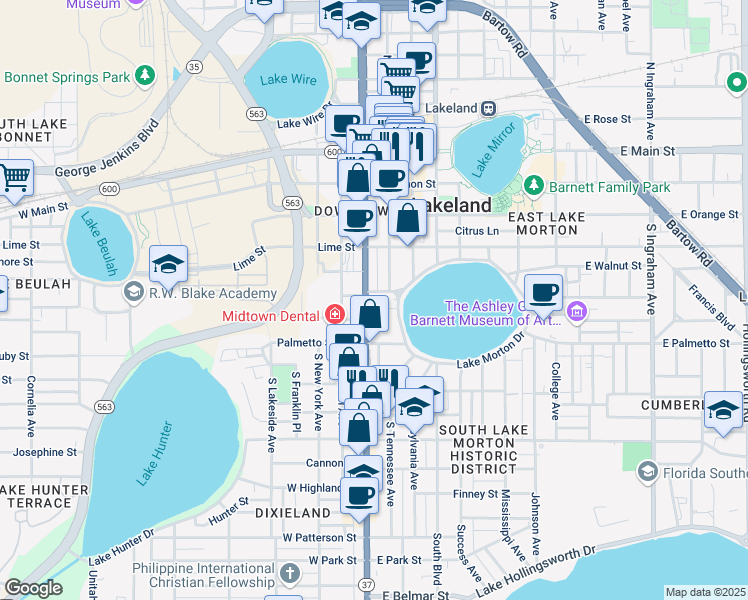 map of restaurants, bars, coffee shops, grocery stores, and more near 500 Florida Avenue South in Lakeland