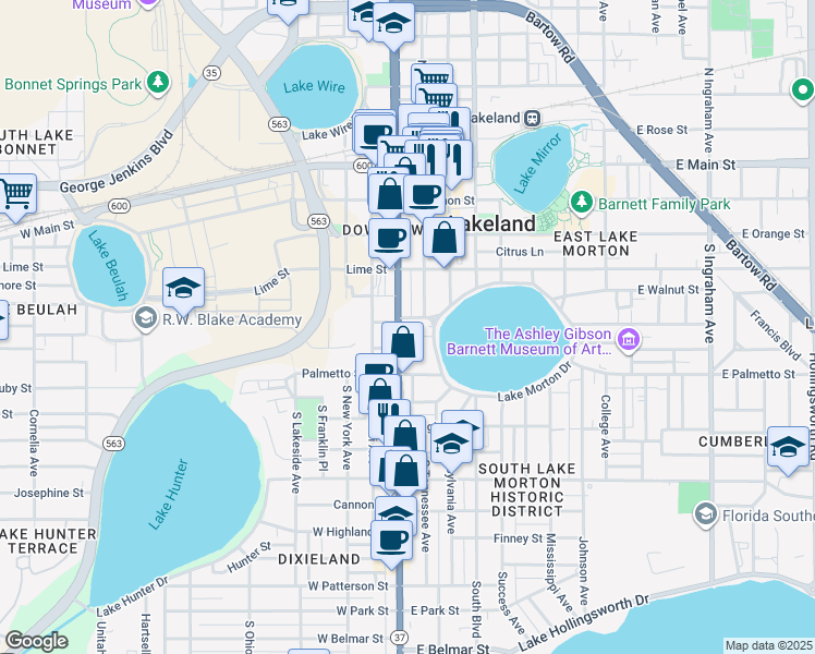 map of restaurants, bars, coffee shops, grocery stores, and more near 500 Florida Avenue South in Lakeland