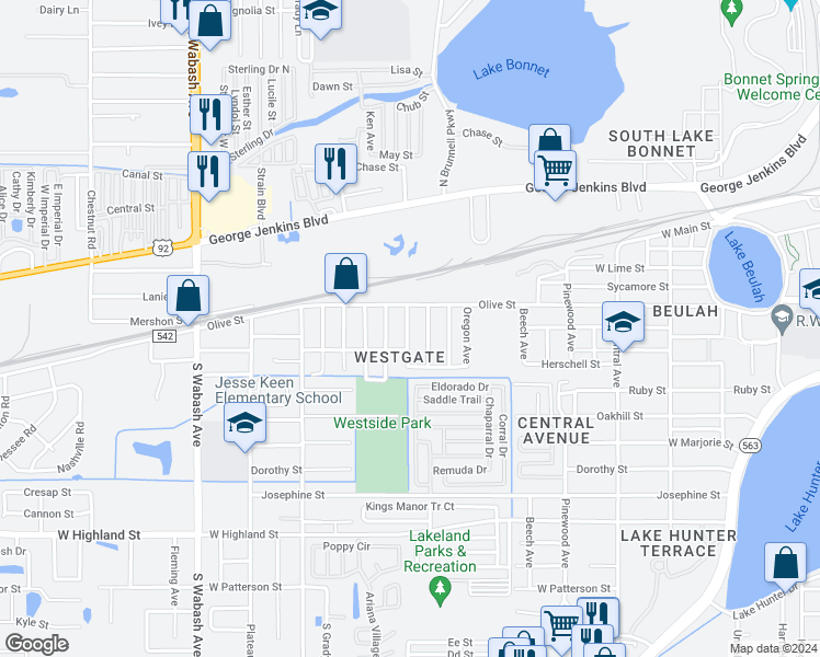 map of restaurants, bars, coffee shops, grocery stores, and more near 458 South Westgate Avenue in Lakeland
