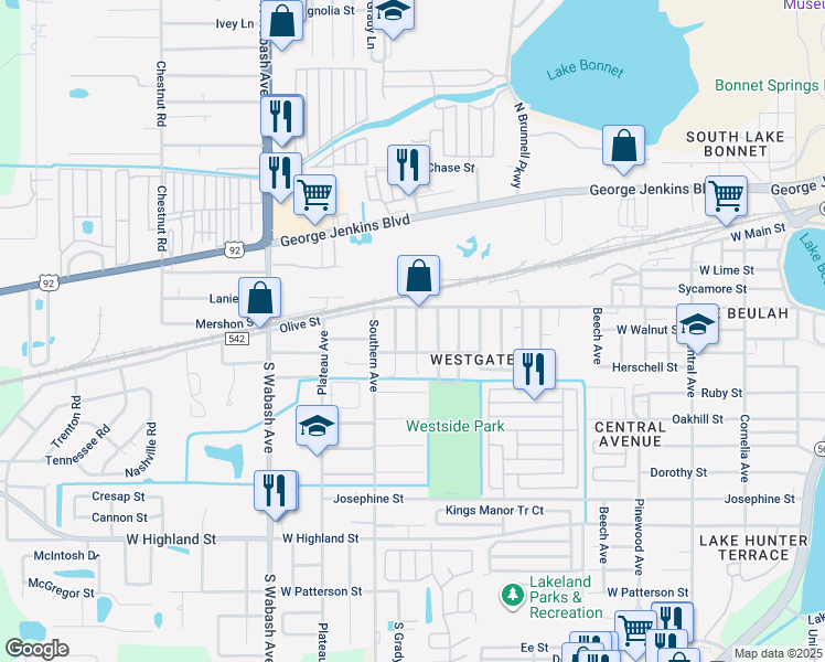 map of restaurants, bars, coffee shops, grocery stores, and more near 459 Arapahoe Avenue in Lakeland
