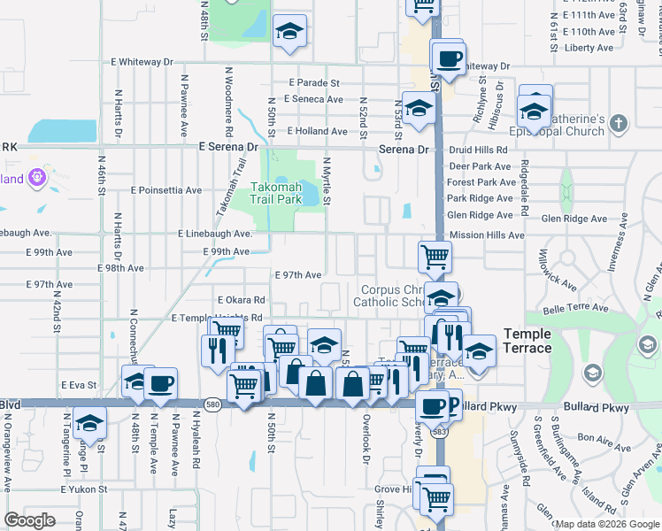 map of restaurants, bars, coffee shops, grocery stores, and more near 5158 Tennis Court Circle in Tampa