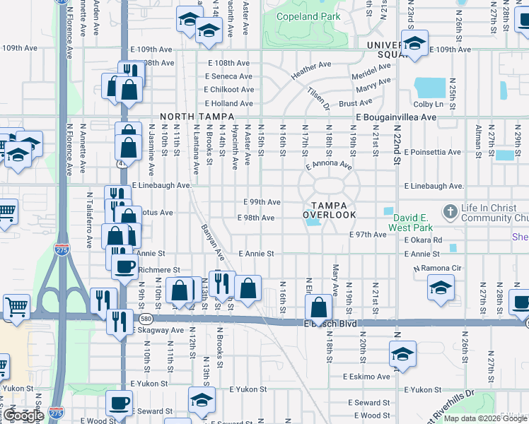 map of restaurants, bars, coffee shops, grocery stores, and more near 9708 North 15th Street in Tampa