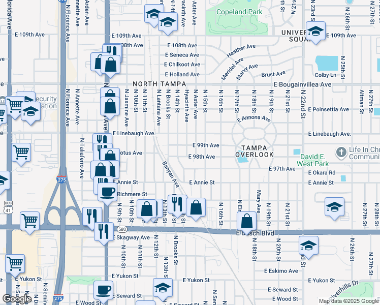 map of restaurants, bars, coffee shops, grocery stores, and more near 1407 East 98th Avenue in Tampa
