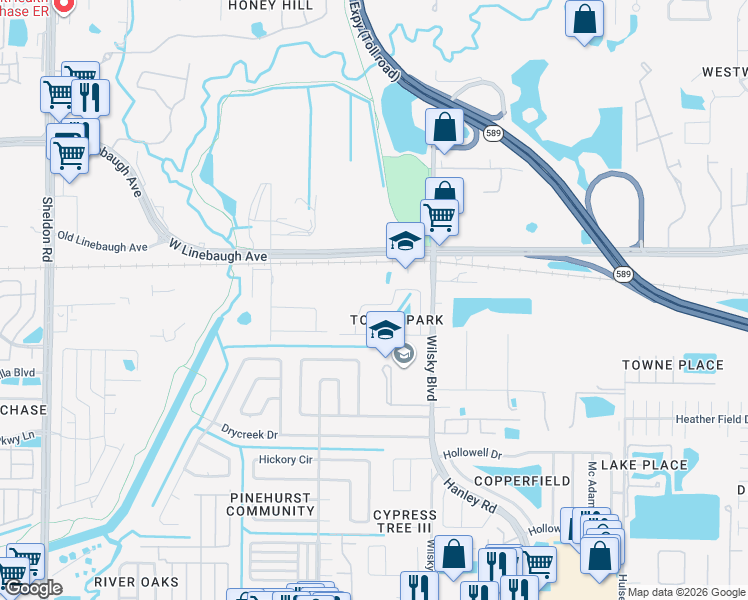 map of restaurants, bars, coffee shops, grocery stores, and more near 9728 Long Meadow Drive in Tampa
