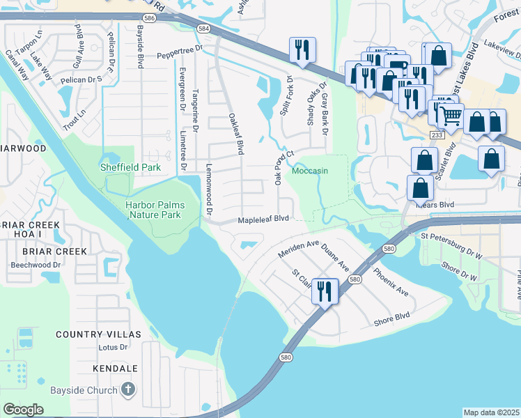 map of restaurants, bars, coffee shops, grocery stores, and more near 1711 Ironwood Court East in Oldsmar