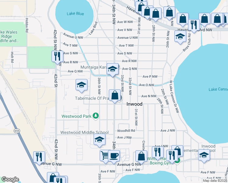 map of restaurants, bars, coffee shops, grocery stores, and more near 1343 34th Street Northwest in Winter Haven