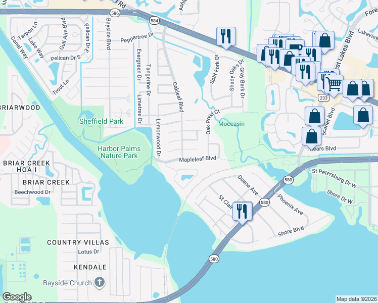 map of restaurants, bars, coffee shops, grocery stores, and more near 1705 Ironwood Court East in Oldsmar