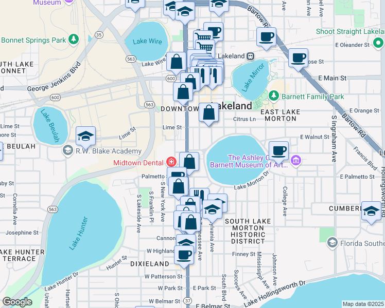 map of restaurants, bars, coffee shops, grocery stores, and more near 500 Florida Avenue South in Lakeland