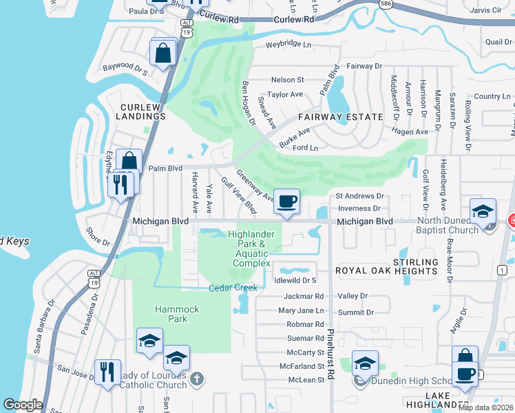 map of restaurants, bars, coffee shops, grocery stores, and more near 979 Gulf View Boulevard in Dunedin