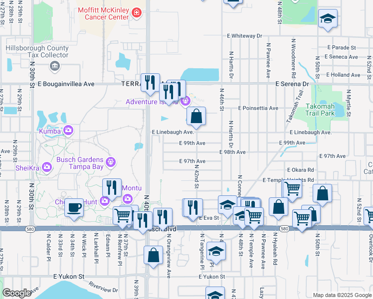 map of restaurants, bars, coffee shops, grocery stores, and more near 4120 East 98th Avenue in Tampa