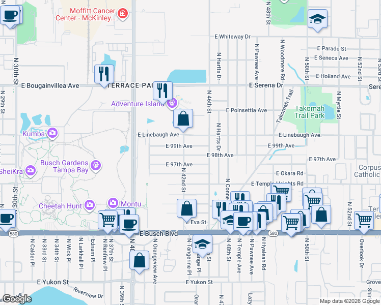 map of restaurants, bars, coffee shops, grocery stores, and more near 4206 East 98th Avenue in Tampa
