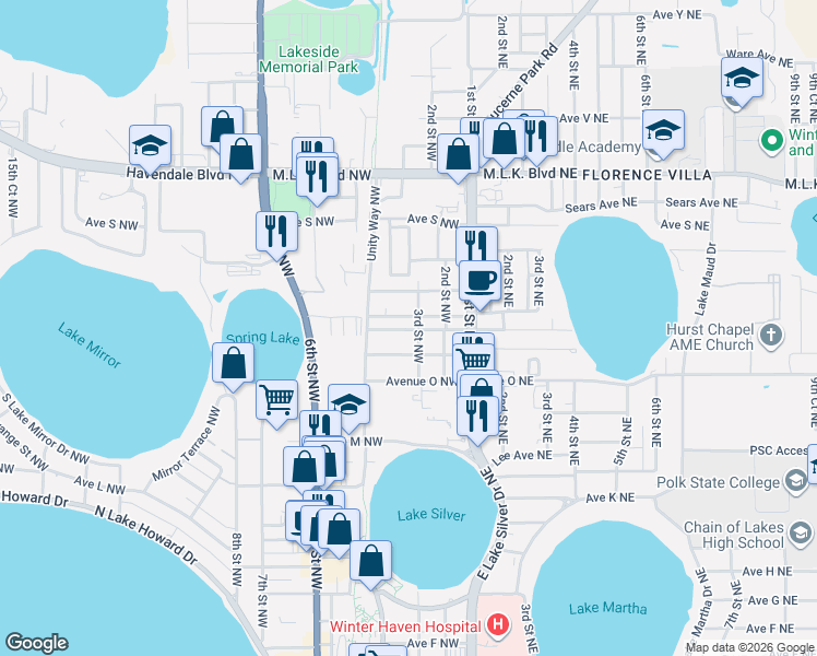 map of restaurants, bars, coffee shops, grocery stores, and more near 1605 3rd Street Northwest in Winter Haven