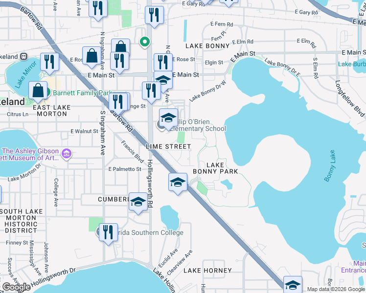 map of restaurants, bars, coffee shops, grocery stores, and more near 1325 Jaffa Street in Lakeland