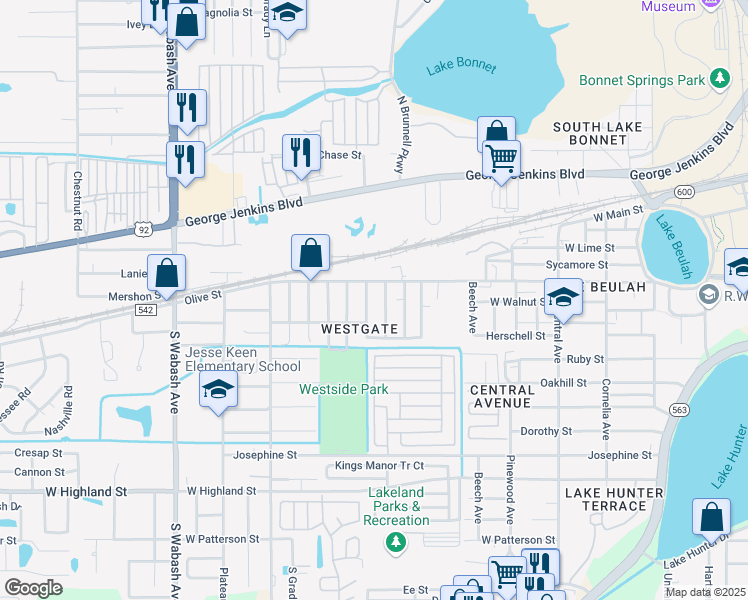 map of restaurants, bars, coffee shops, grocery stores, and more near 519 Kansas Avenue in Lakeland