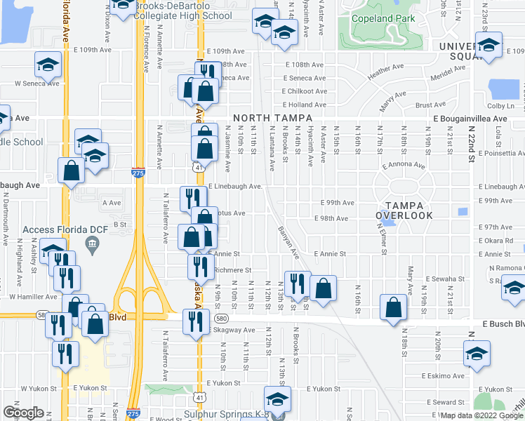 map of restaurants, bars, coffee shops, grocery stores, and more near 9622 North 12th Street in Tampa