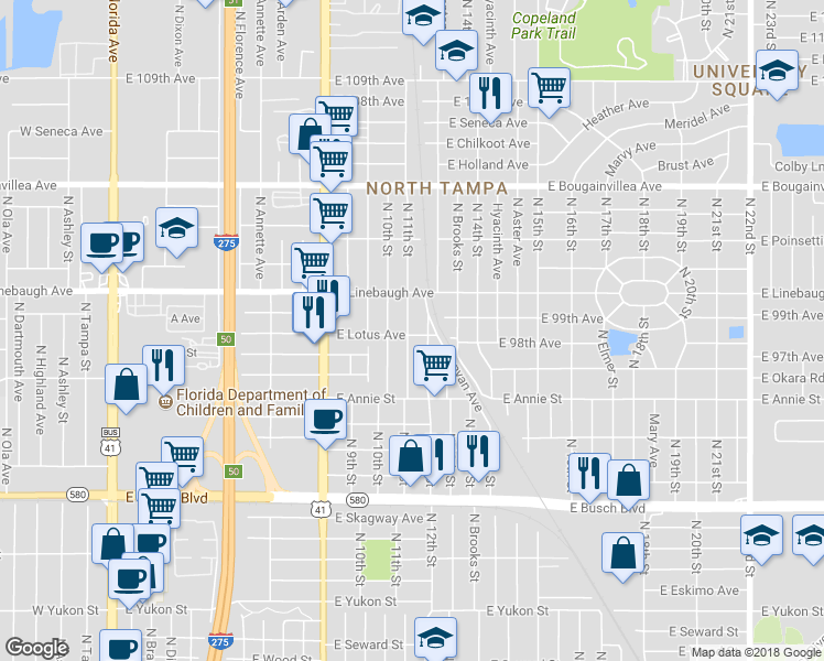 map of restaurants, bars, coffee shops, grocery stores, and more near 9622 North 12th Street in Tampa