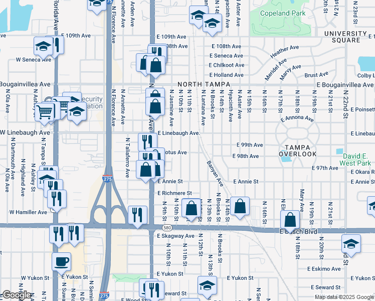 map of restaurants, bars, coffee shops, grocery stores, and more near 9622 North 12th Street in Tampa