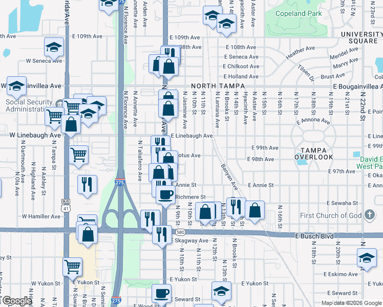 map of restaurants, bars, coffee shops, grocery stores, and more near 9632 North 10th Street in Tampa