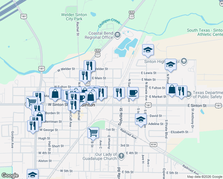 map of restaurants, bars, coffee shops, grocery stores, and more near 409 East Market Street in Sinton