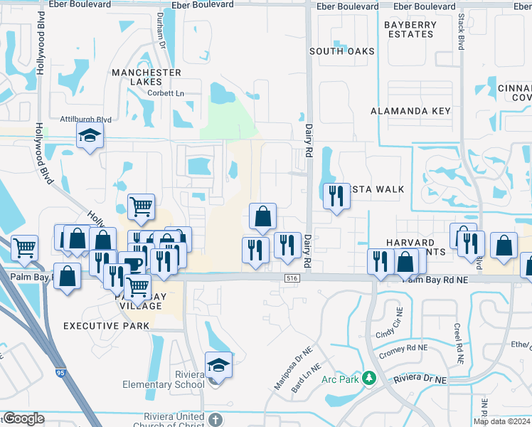 map of restaurants, bars, coffee shops, grocery stores, and more near 1040 Venetian Drive in Melbourne