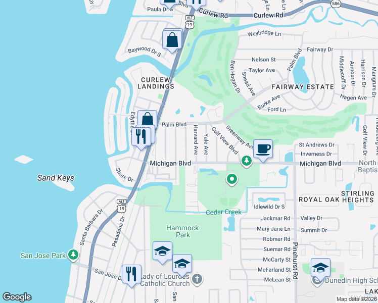 map of restaurants, bars, coffee shops, grocery stores, and more near 712 Michigan Boulevard in Dunedin