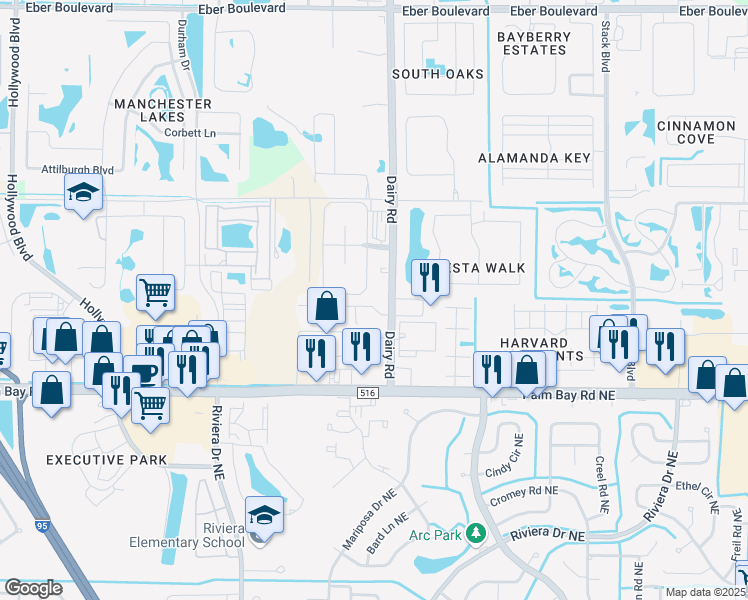 map of restaurants, bars, coffee shops, grocery stores, and more near 1010 Venetian Drive in Melbourne