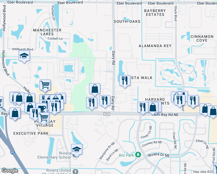 map of restaurants, bars, coffee shops, grocery stores, and more near 1010 Venetian Drive in Melbourne