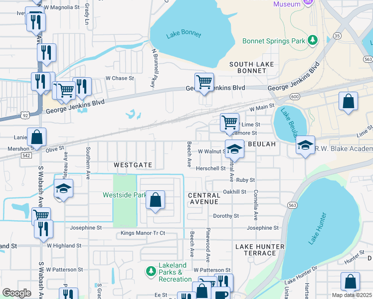 map of restaurants, bars, coffee shops, grocery stores, and more near 513 Beech Avenue in Lakeland