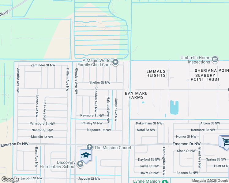 map of restaurants, bars, coffee shops, grocery stores, and more near 1571 Halstead Avenue Northwest in Palm Bay