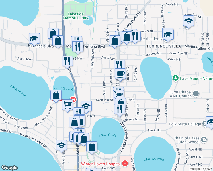map of restaurants, bars, coffee shops, grocery stores, and more near 1605 3rd Street Northwest in Winter Haven