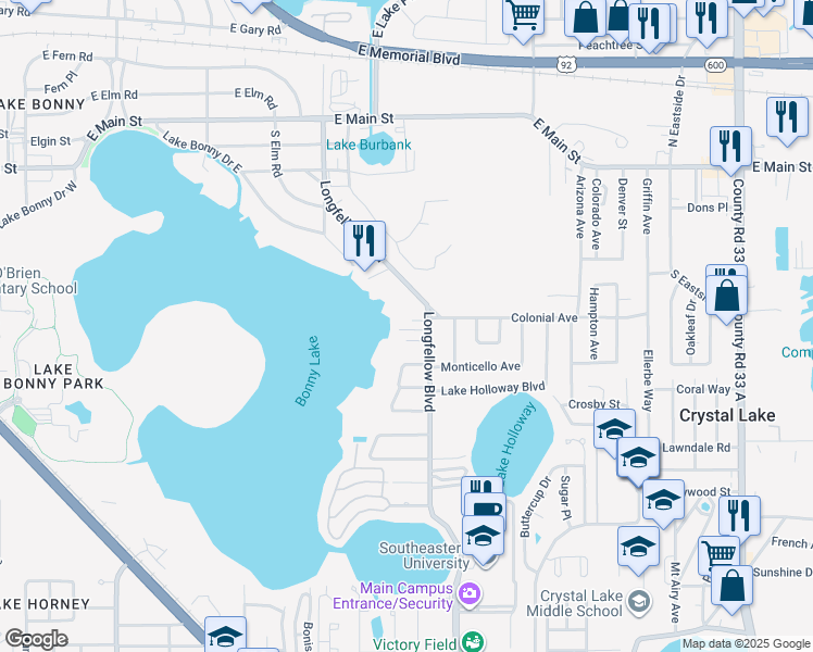 map of restaurants, bars, coffee shops, grocery stores, and more near 2025 Dante Street in Lakeland